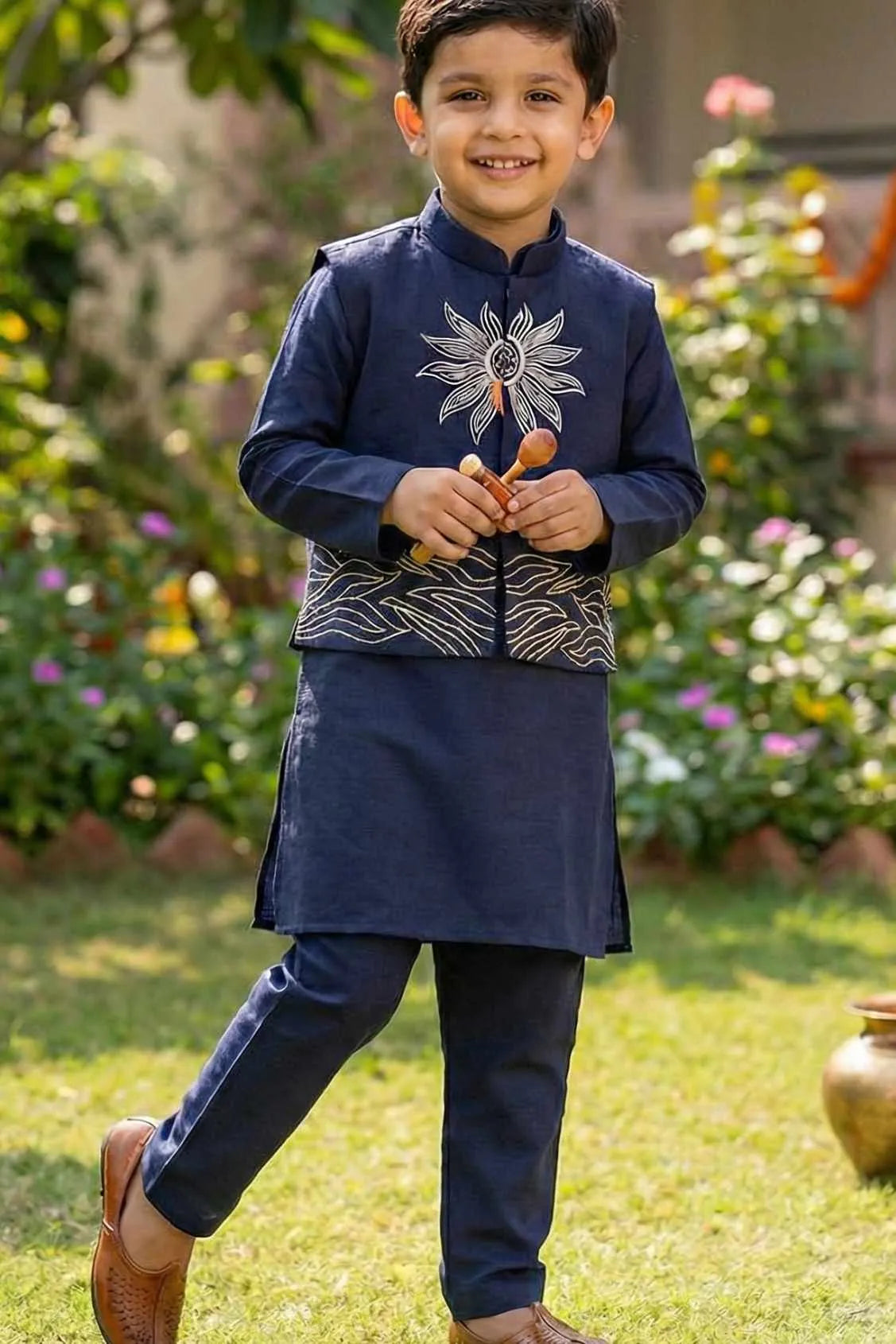 Navy Blue Kurta with Embroidered Waist-coat For Boys