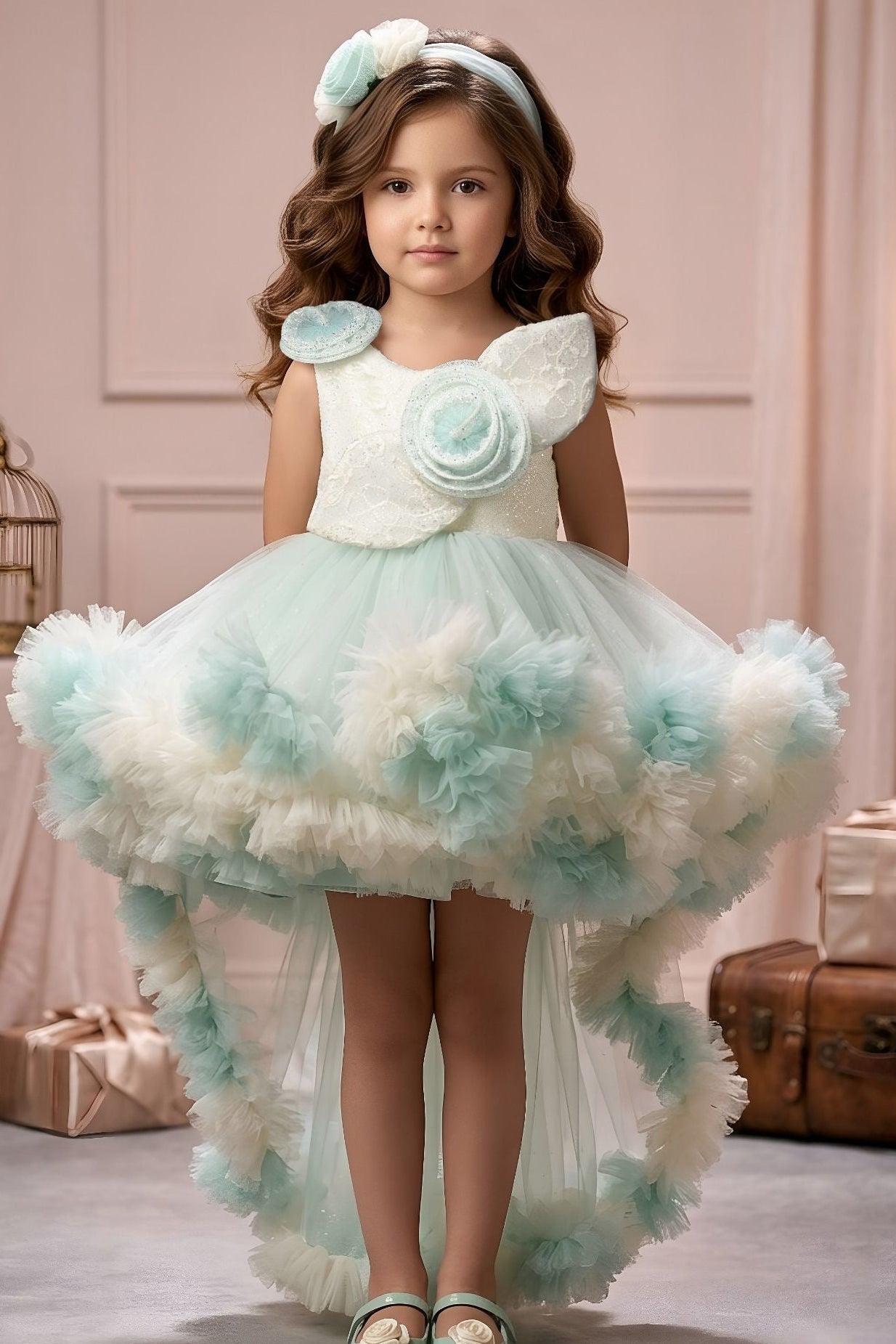 Girls Mint Green & Ivory High-Low Ruffle Party Dress