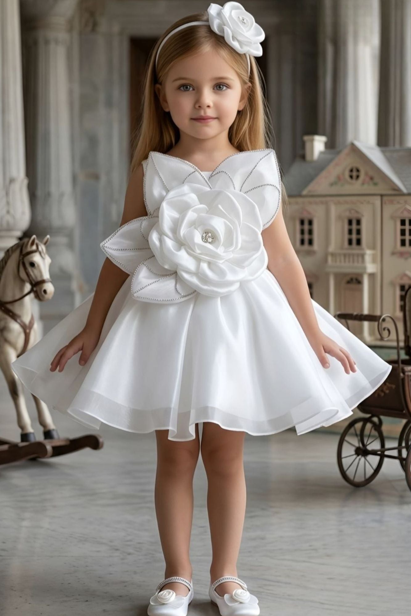 White 3D Floral Party Wear Frock for Girls