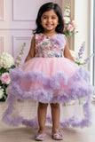 Pink And Lilac Floral Embroidered Frock With Ruffle High-Low Hem For Girls
