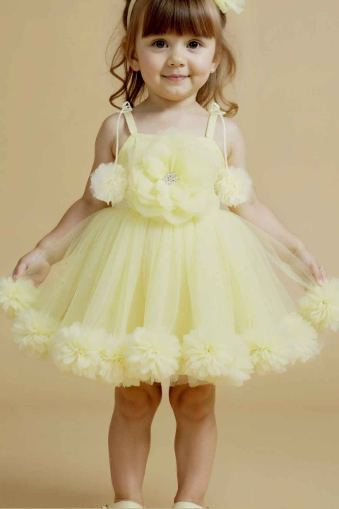 Lemon Yellow Ruffle Frock With Floral Embellished For Girls