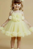 Lemon Yellow Ruffle Frock With Floral Embellished For Girls