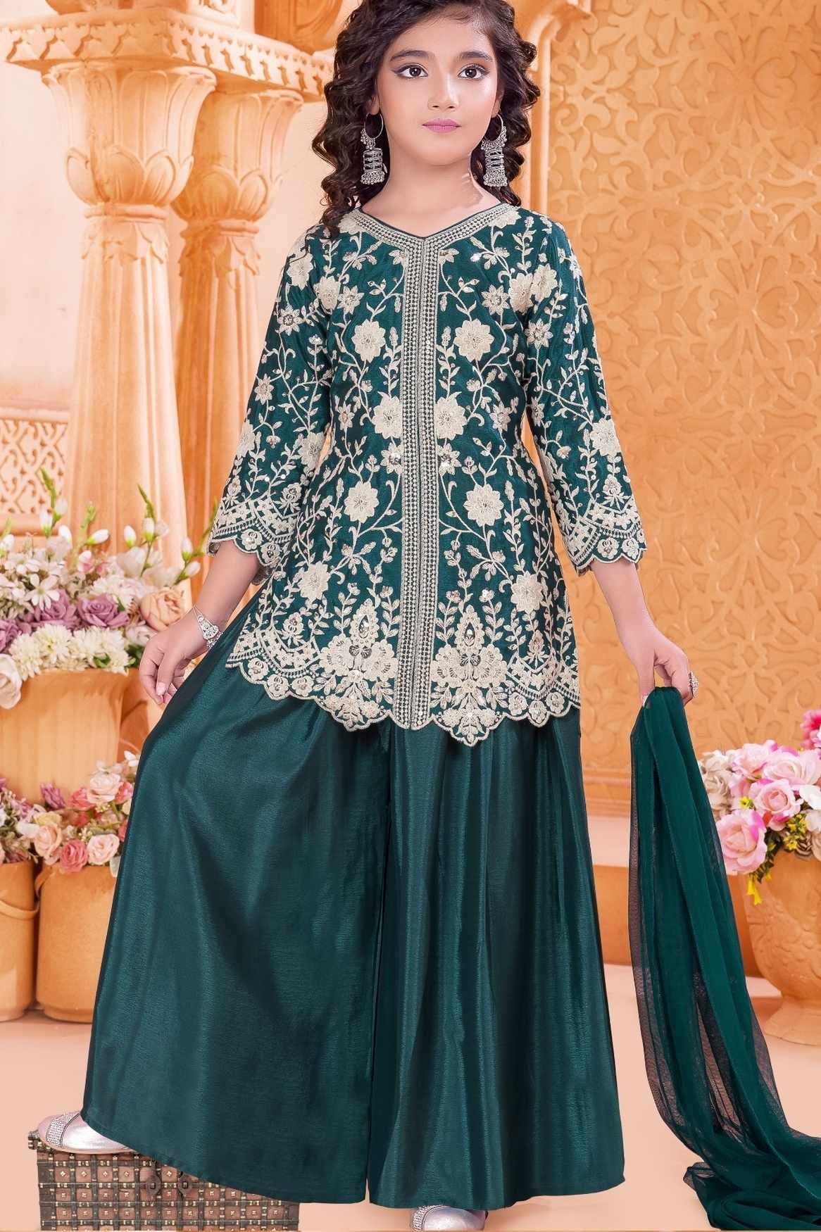 Emerald Green Zari Embroidered Palazzo Set For Girls
