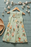 Girls Mint Green Floral Printed Dress with Smocked Yoke