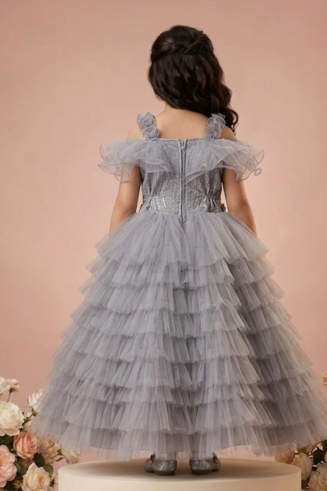 Girls Grey Layered Net Party Wear Gown with Off-Shoulder Ruffle Detailing