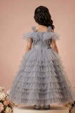 Girls Grey Layered Net Party Wear Gown with Off-Shoulder Ruffle Detailing