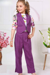 Purple Waist Coat And Pant With Floral Printed Top Set For Girls