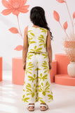 Girls White And Green Floral Printed Co-Ord Set with Sleeveless Bow Strap Top And Flared Pants