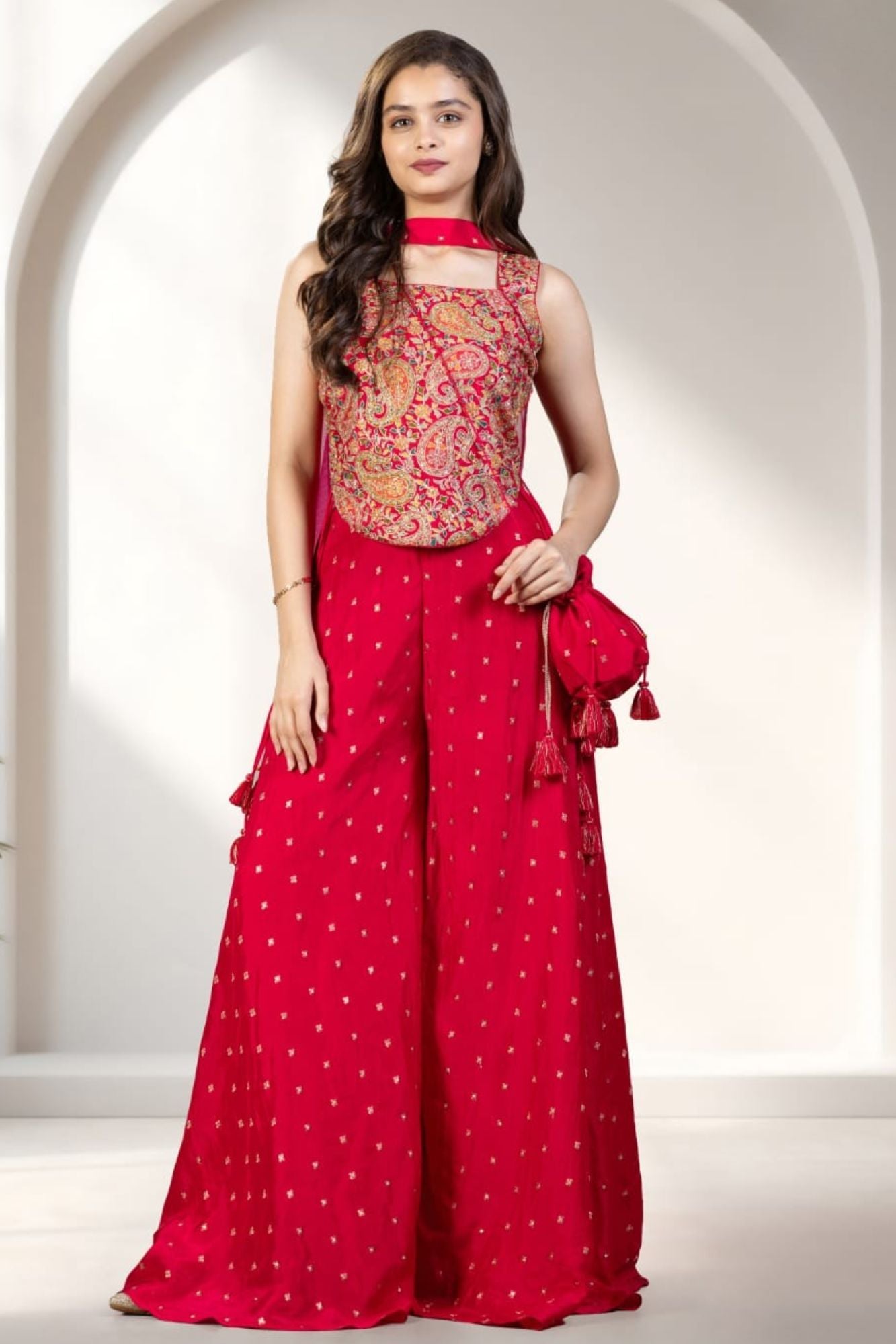 Rani Pink Embroidered Palazzo Set with Dupatta for Girls