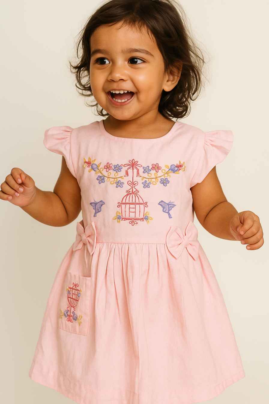Pink Embroidered Cotton Frock for Girls