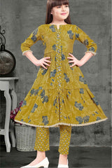 Mustard Floral Printed And Sequins Work Kurta With Pant Set For Girls