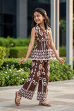 Brown And White Printed Sleeveless Co-Ord Set with Wide-Leg Pants for Girls