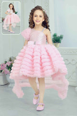 Pink Sequins Work With Bow Embellished Party Wear Tailback Frock For Girls