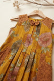 Girls Mustard Floral Printed Dress With Lace Panels and Pleats
