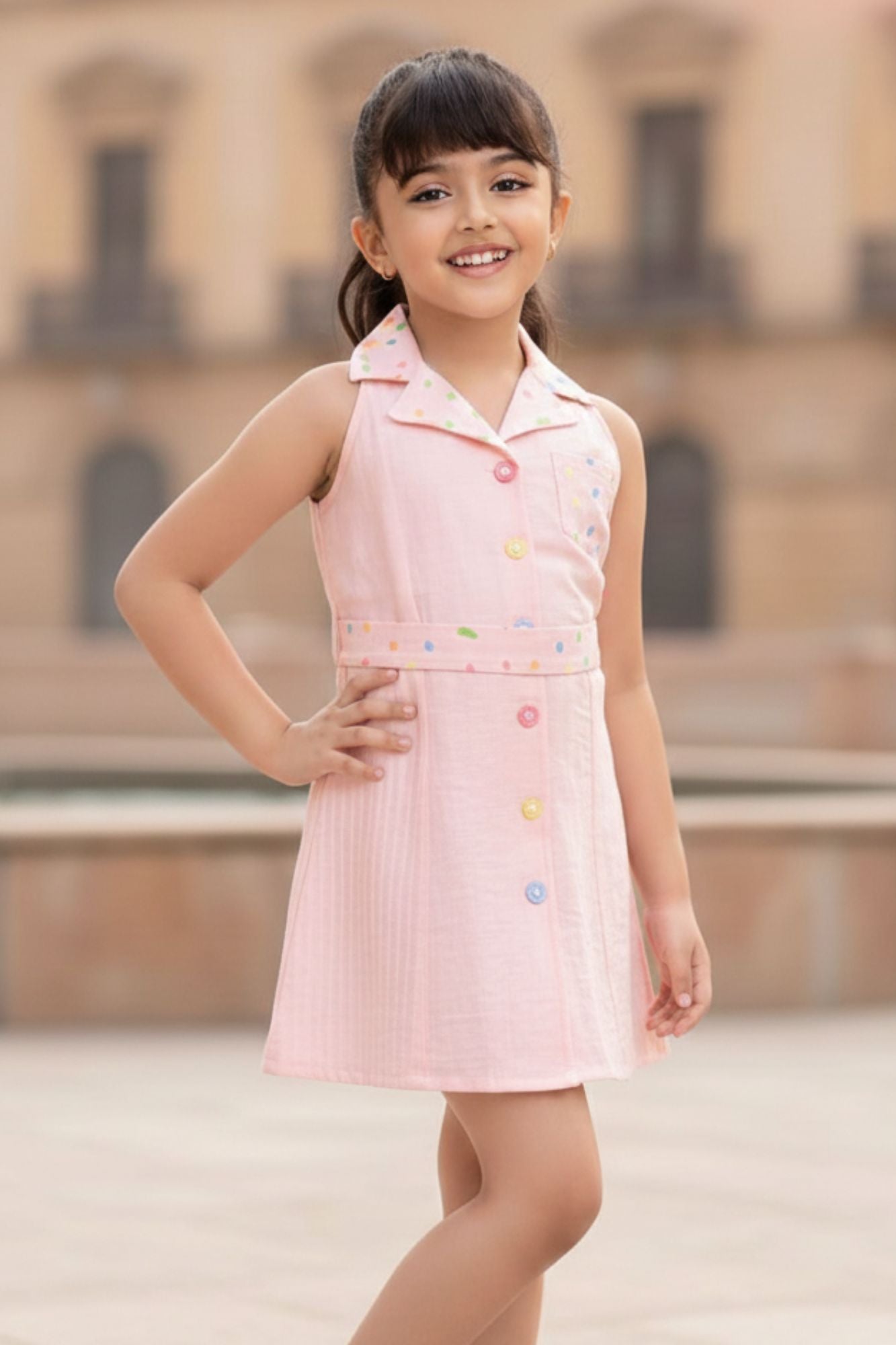 Pink Confetti Button Down Sleeveless Cotton Dress for Girls