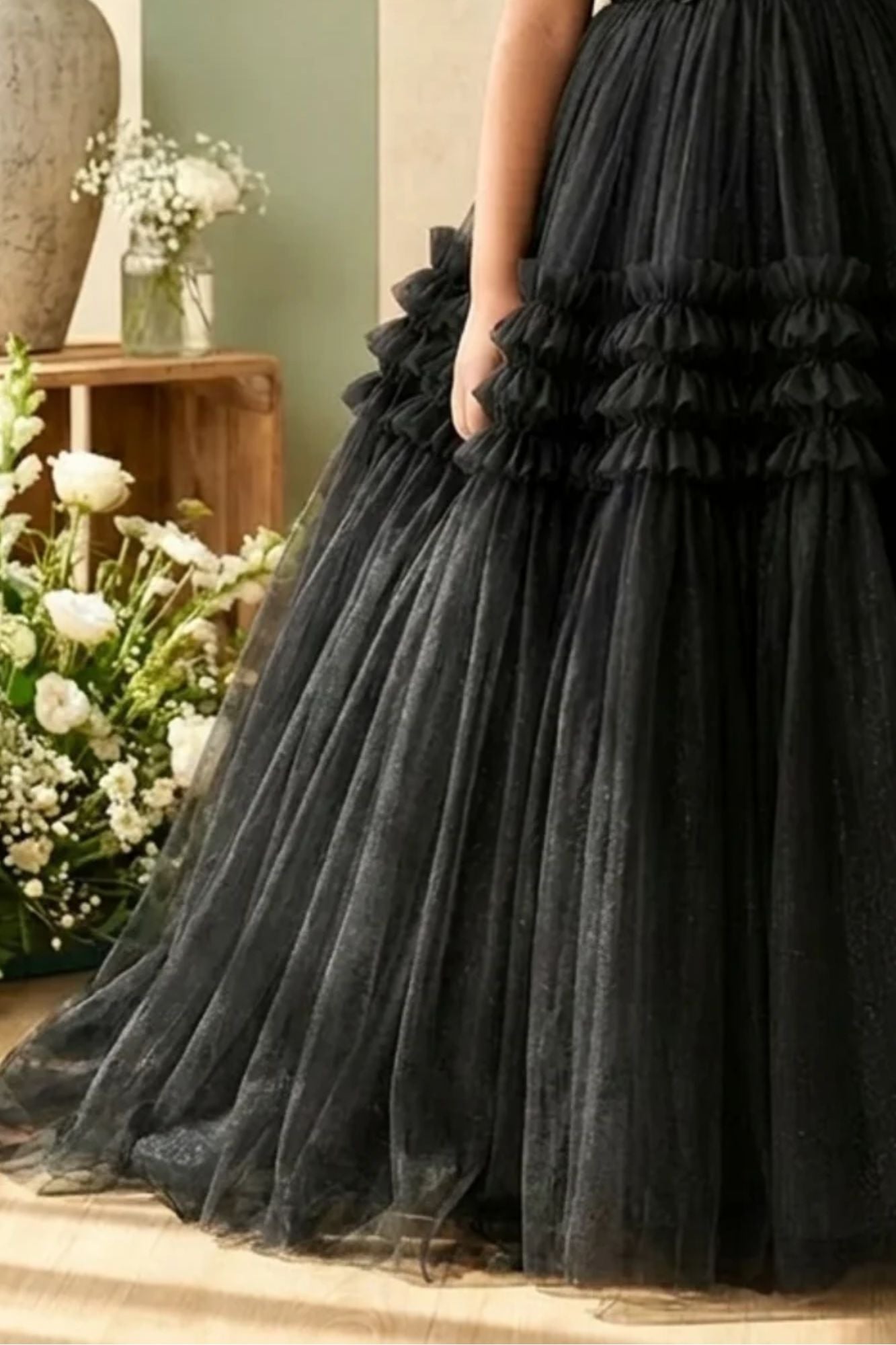 Girls Black Floral Embellished Layered Net Ball Gown