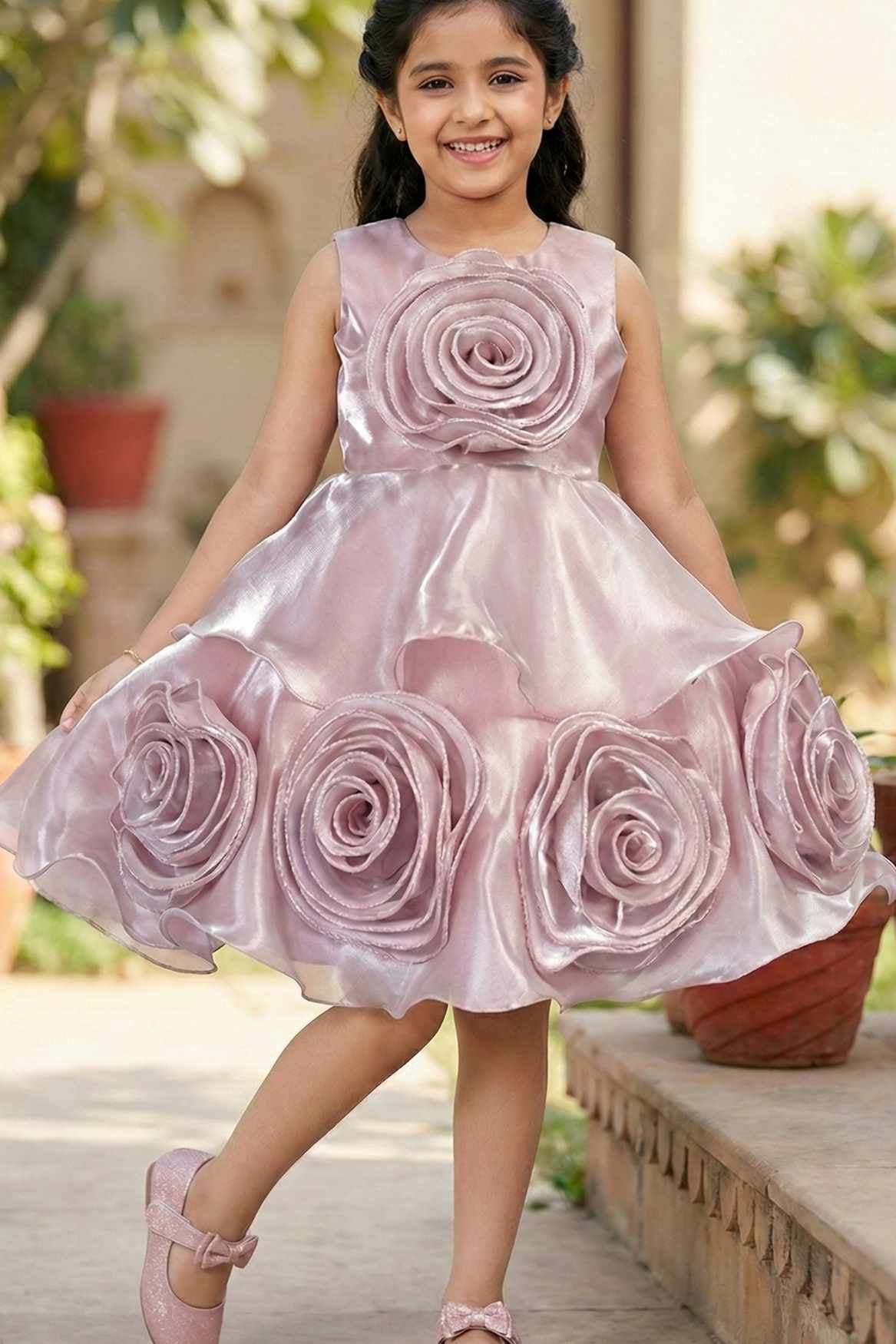 Onion Pink Embellished Party Wear Frock with 3D Rose Appliqué For Girls