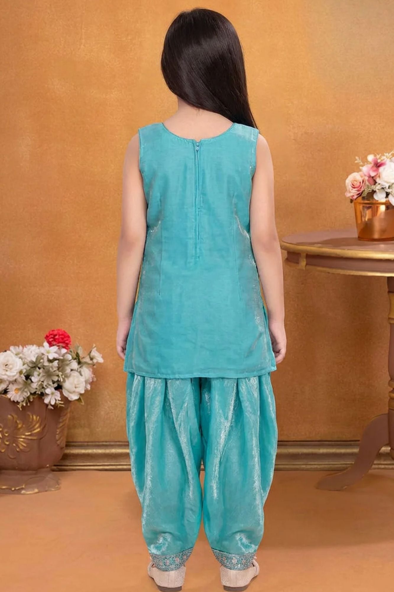 Aqua Blue Embroidered Patiala Set with Dupatta For Girls