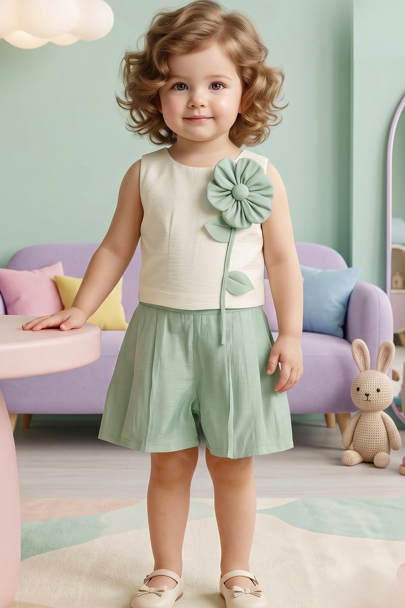 Girls Cream and Mint Green Floral Applique Top with Shorts Co Ord Set