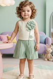 Girls Cream and Mint Green Floral Applique Top with Shorts Co Ord Set