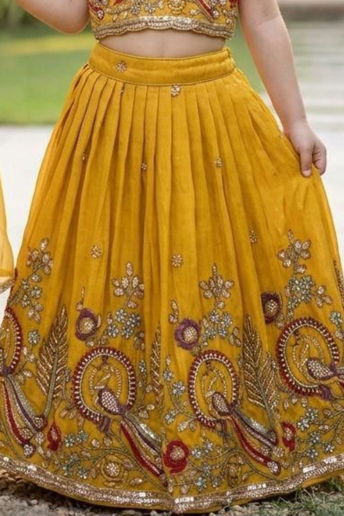 Mustard Yellow Peacock Embroidered Lehenga Choli Set with Dupatta