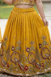 Mustard Yellow Peacock Embroidered Lehenga Choli Set with Dupatta