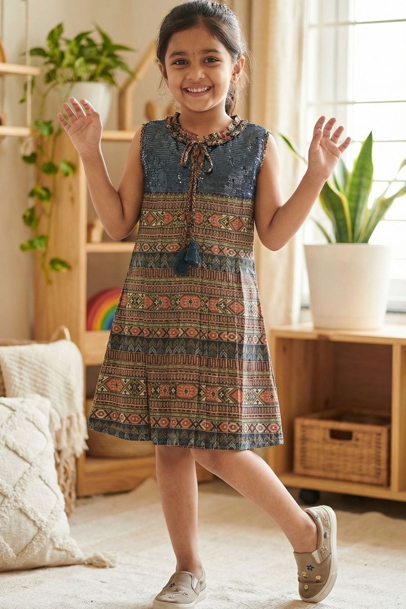 Blue Frock With Tassel Tie-Up For Girls