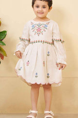 Stylish Off White Casual Frock With Embroidery For Girls