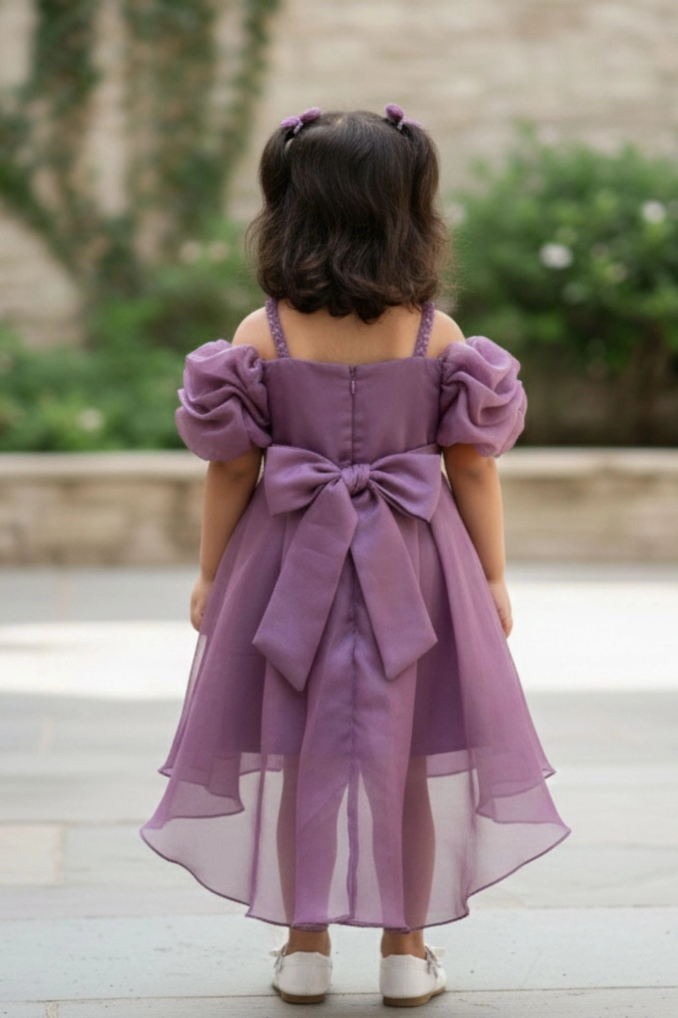 Purple Ruffle Layered Party Wear Frock With Shimmer Strap For Girls