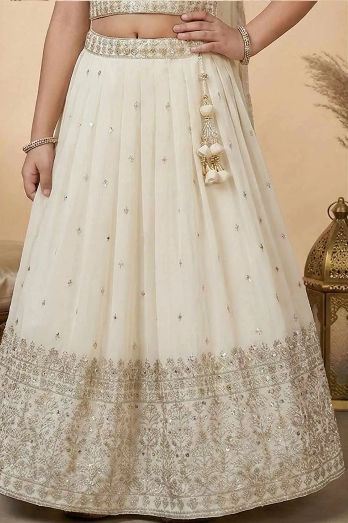 Cream Embroidered Lehenga Choli Set with Dupatta For Girls