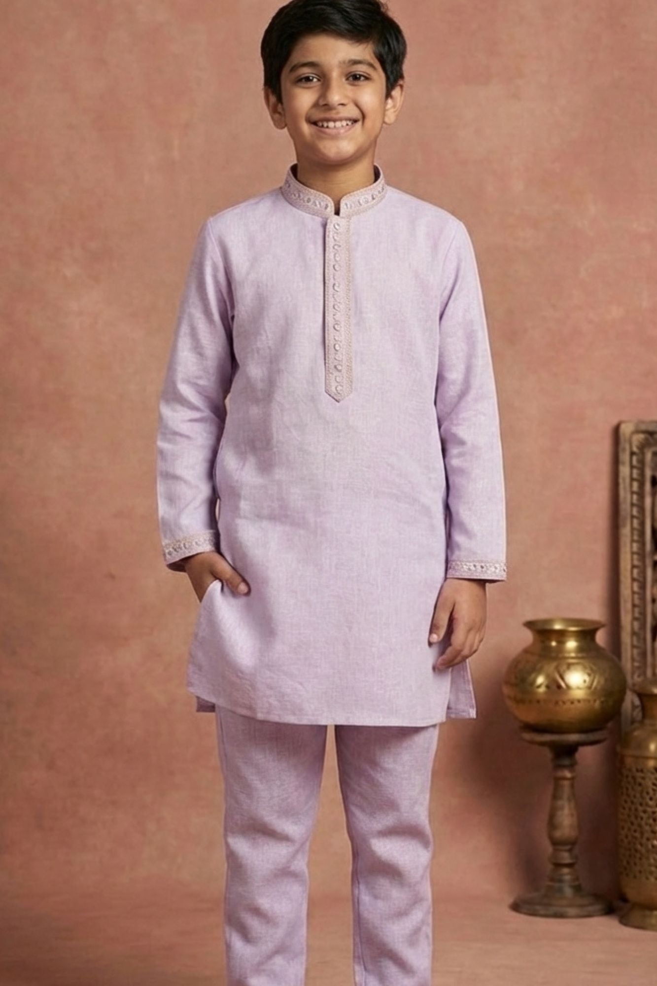 Lavender Embroidered Linen Kurta Set For Boys