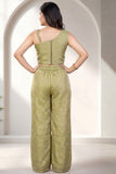 Girls Green One-Shoulder Bead And Sequin Embroidered Palazzo Set