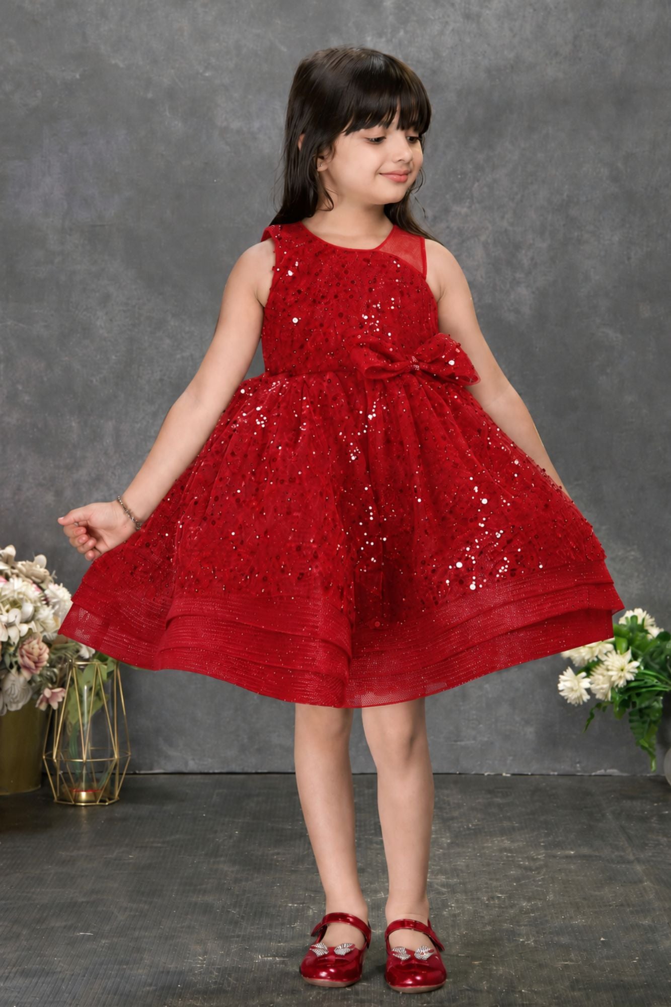 Red Sequin Party Frock With Bow Detail For Girls