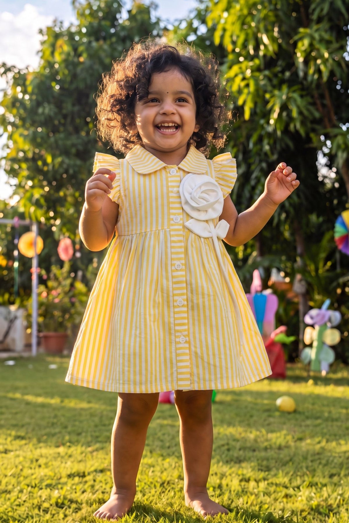 Cheerful Girls Yellow And White Striped Shirt Dress with 3D Floral Applique