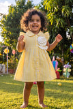 Cheerful Girls Yellow And White Striped Shirt Dress with 3D Floral Applique