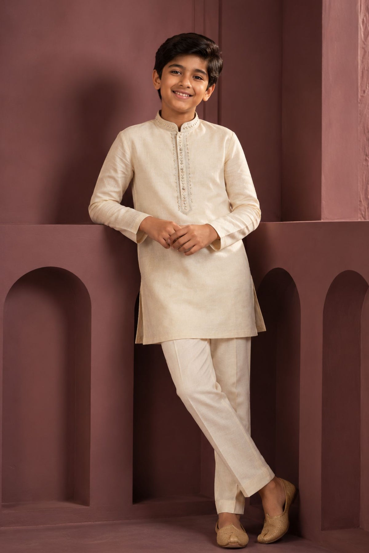 Cream Embroidered Linen Kurta Set For Boys