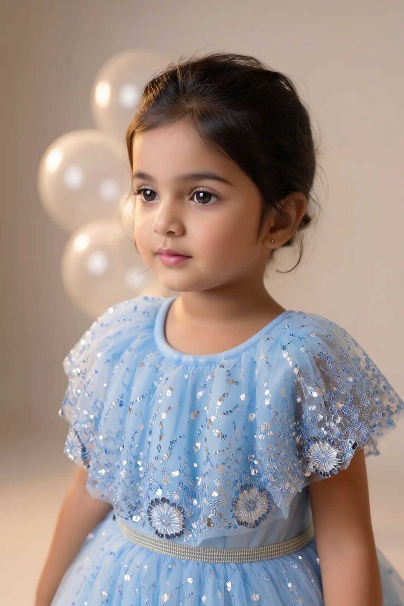 Girls Sky Blue Sequinned Net Party Wear Frock with Floral Embellishments