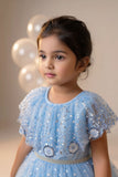 Girls Sky Blue Sequinned Net Party Wear Frock with Floral Embellishments