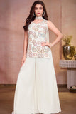 Girls Ivory Multicolour Floral Sequin Embroidered Sleeveless Palazzo Set With Dupatta