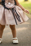 Brown Party Wear Frock with Oversized Black & Grey Floral Appliqué For Girls