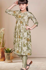 Green 3/4th Sleeves With Floral Printed And Pearl Work Kurta Set For Girls