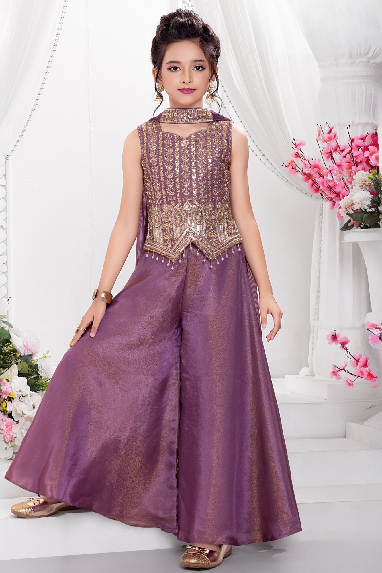 Wine Embroidered Palazzo Set with Dupatta for Girls