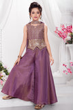 Wine Embroidered Palazzo Set with Dupatta for Girls