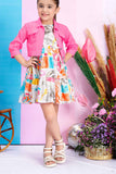 Pink Printed Frock With Denim Jacket For Girls