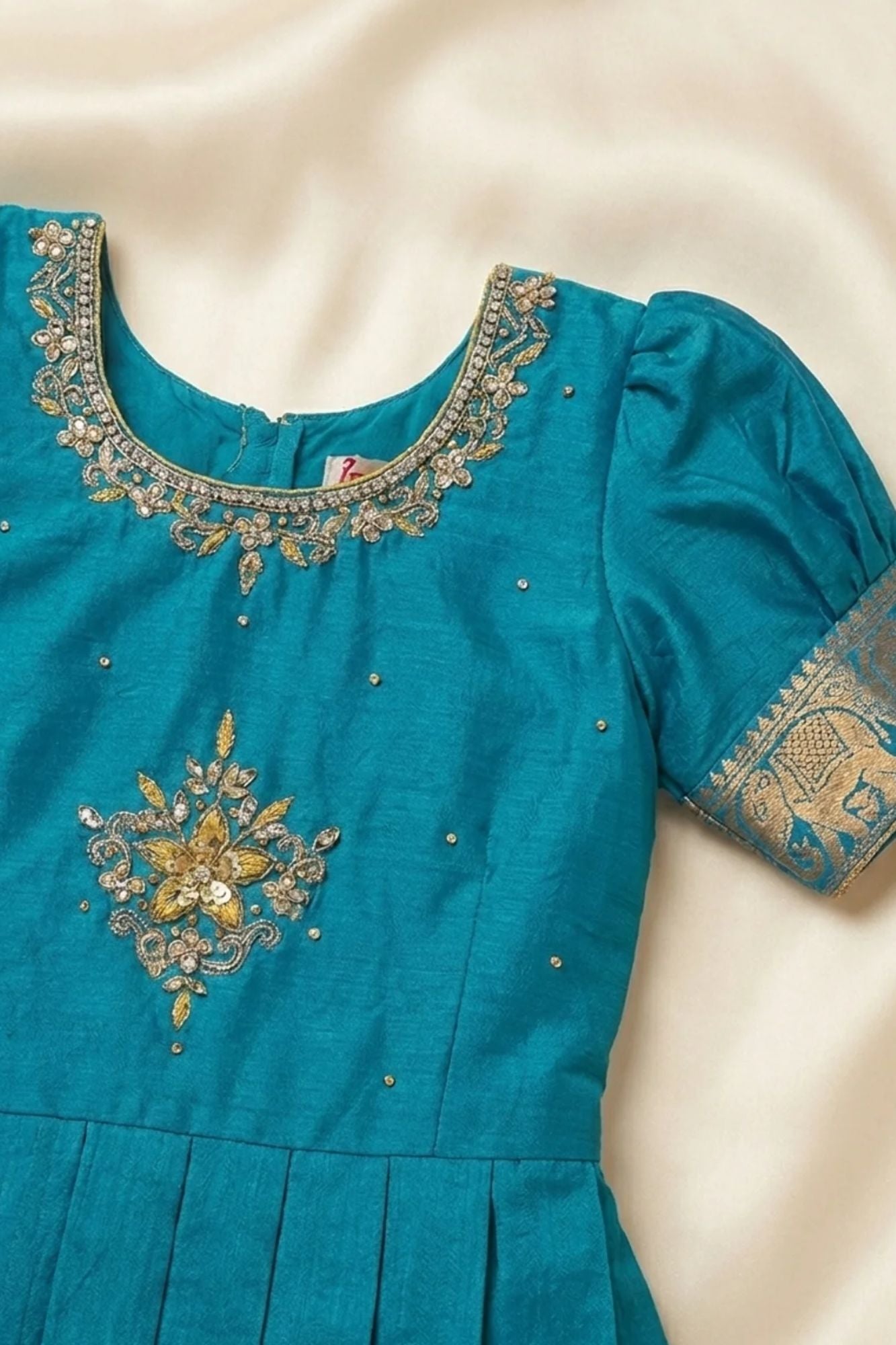 Girls Olive Green and Teal Blue Embroidered Pattu Pavadai Set with Dupatta