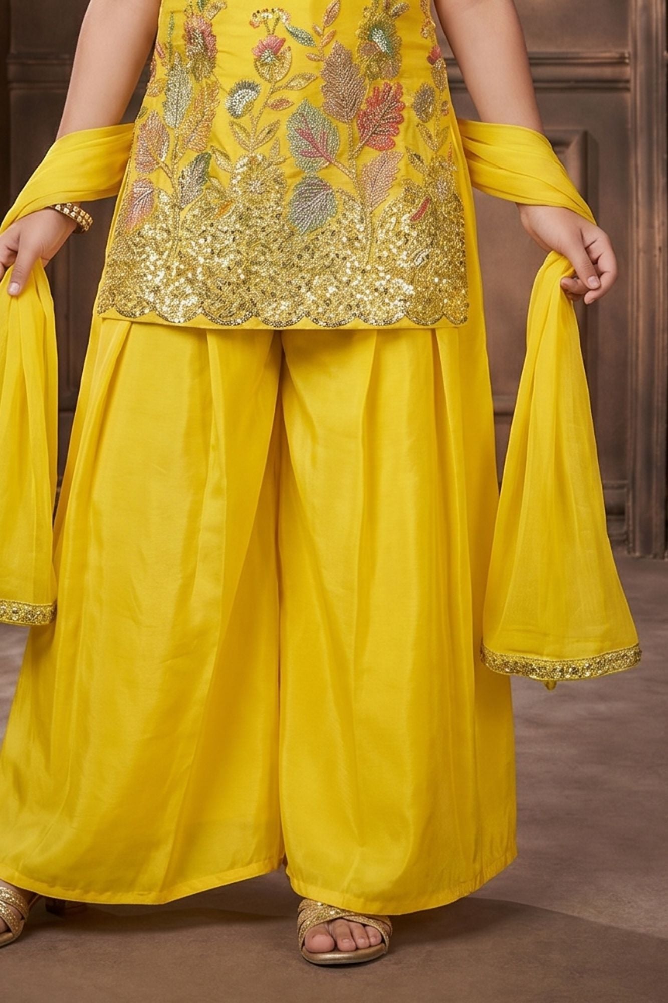 Yellow Floral Sequin Work Palazzo Set with Dupatta For Girls
