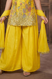 Yellow Floral Sequin Work Palazzo Set with Dupatta For Girls