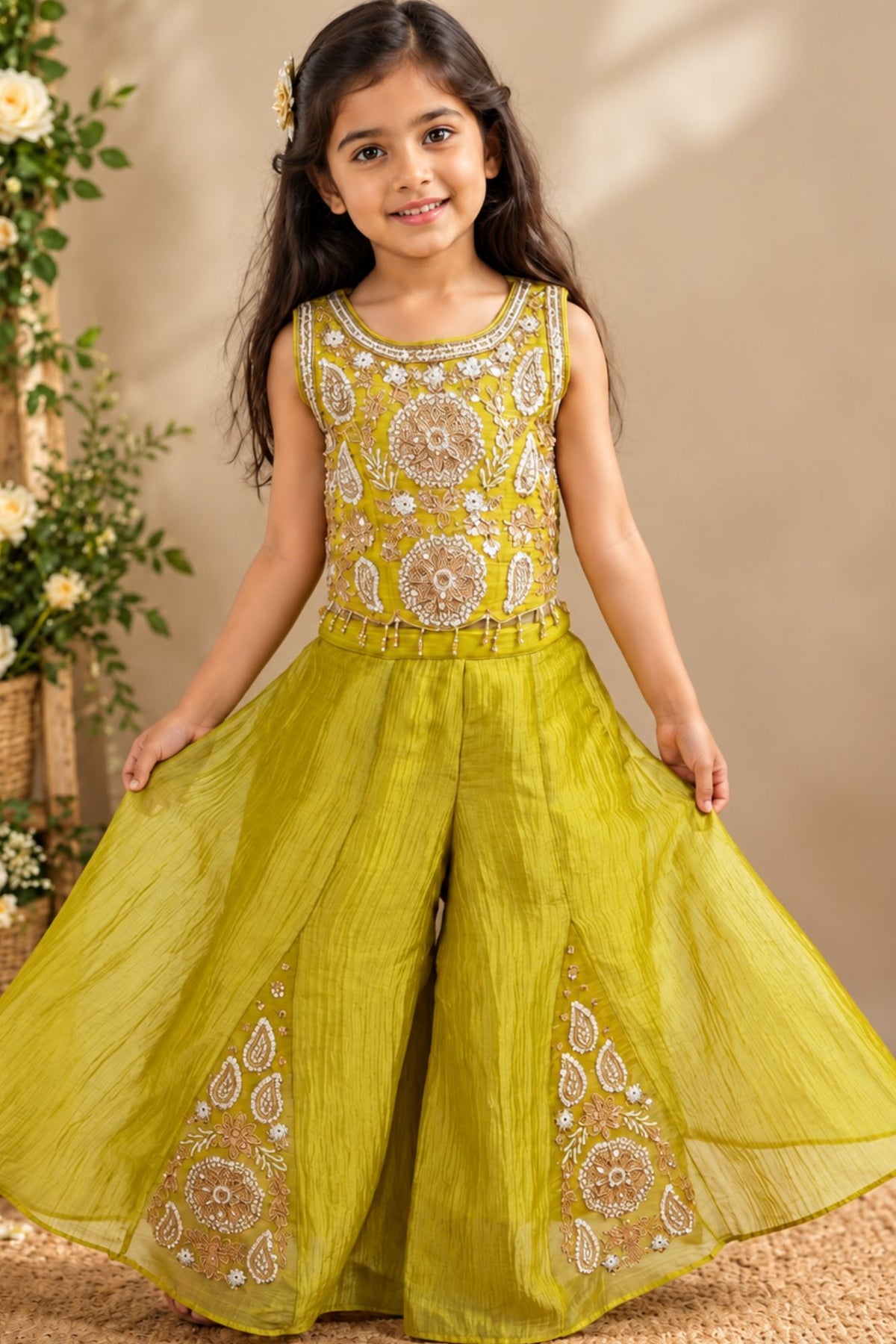 Girls Gold Sequin And Zari Embroidered Sleeveless Palazzo Set With Dupatta