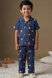 Navy Blue Jellyfish Print Night Suit Set For Boys