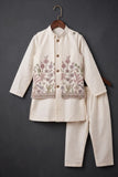 Boys White Floral  Embroidered Kurta Set with Nehru Jacket